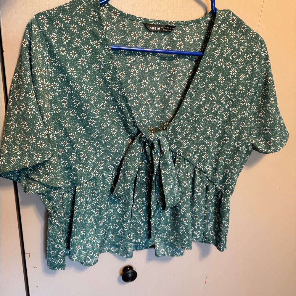 SHEIN Teal Floral Blouse with Tie Front